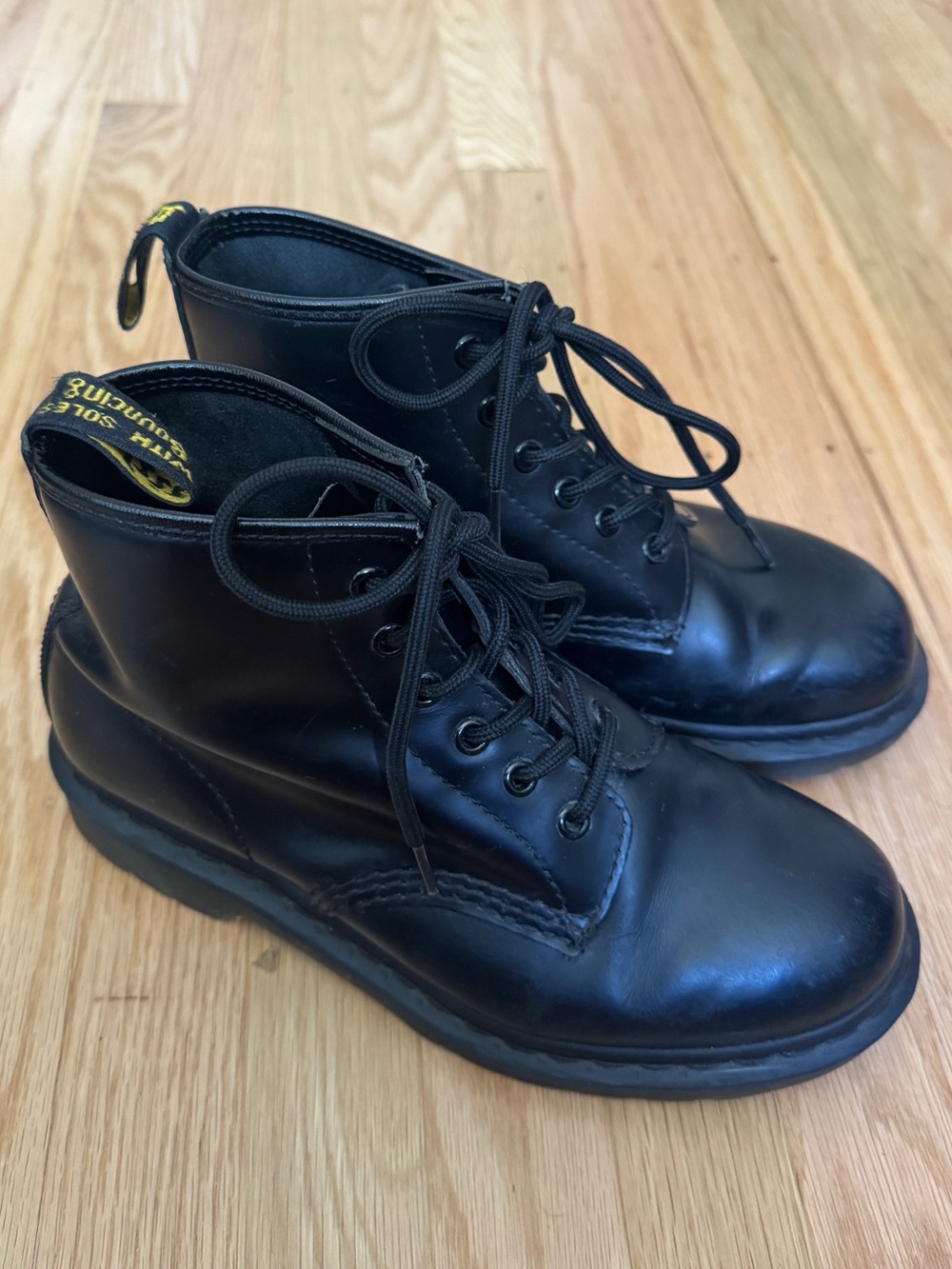 Dr Martens Leather Lace-Up Combat Boots - Yellow Stitch Pull Tab